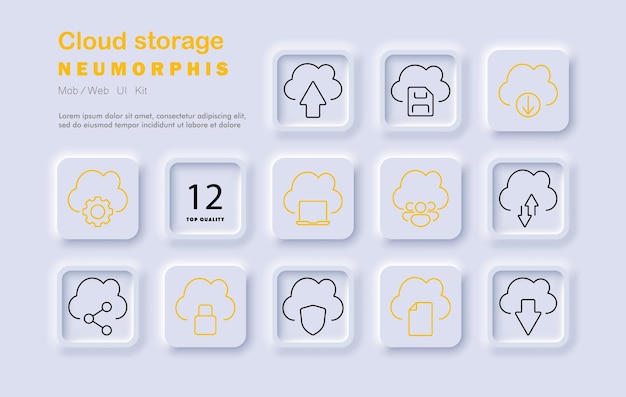 Cloud storage set icon Upload download security sharing data cloud computing file storage backup internet neomorphic style digital infrastructure