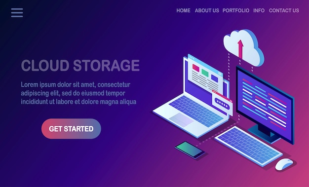 Cloud storage technology. Data backup.  isometric laptop, computer, pc with mobile phone  on background. Hosting service for website.   