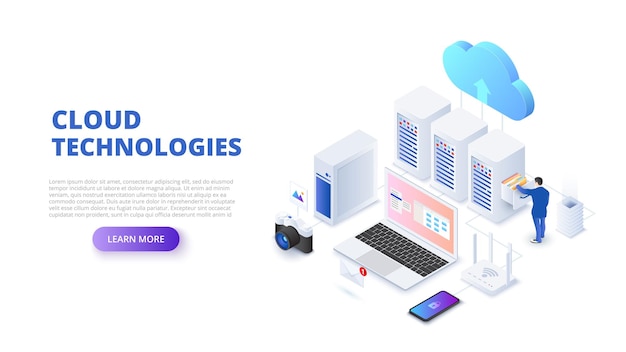 Cloud technologies design concept with people Isometric vector illustration