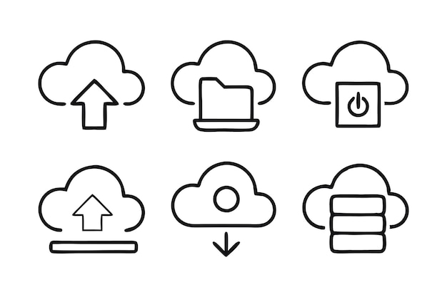 Cloud Upload and storage editable stroke outline icons set isolated on white background flat vector illustration related icon set isolated flat vector illustration on white background