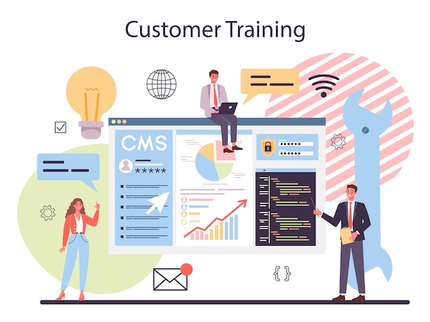 CMS customer training. Content management system. Creation and modification of digital content. Idea of digital strategy and content for social network making. Isolated flat illustration