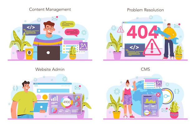 CMS set. Content management system. Creation and modification of digital content. Idea of digital development and optimization. Cloud technology. Flat vector illustration