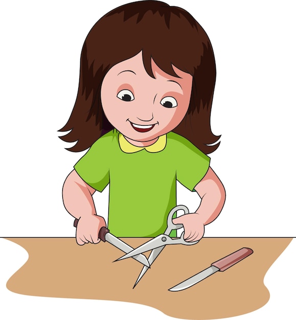 Cô gái chơi với các vật sắc nhọn, kéo, dao, minh họa vector
