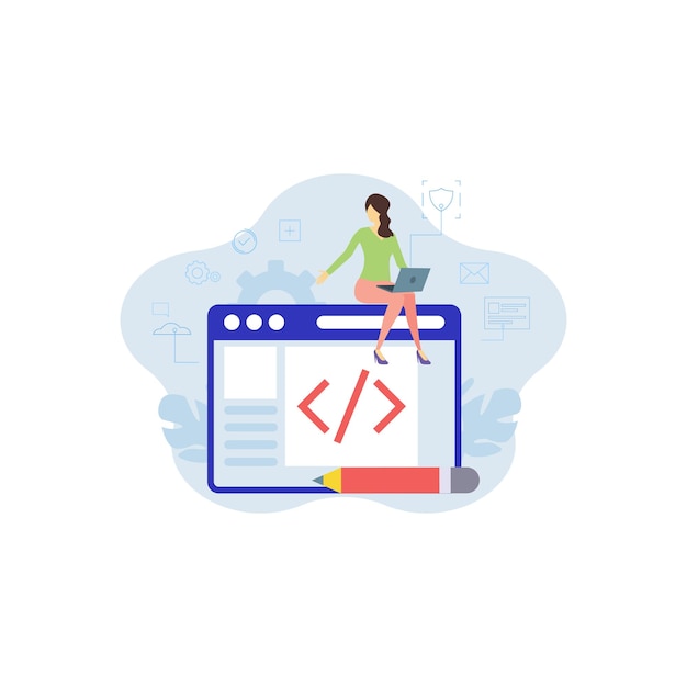 Cô gái đang làm việc trên việc mã hóa trang web