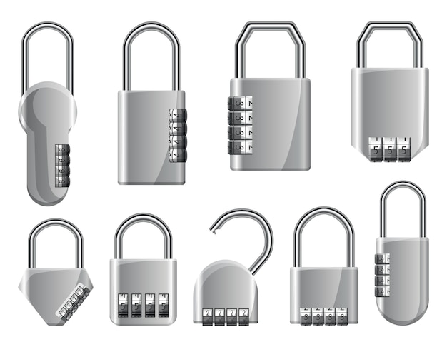 Code padlocks Locks with combination password code Different type of safety symbols Privacy number password entry Safeguard and protection concept