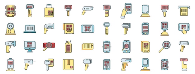 Code scanning icons set vector color line