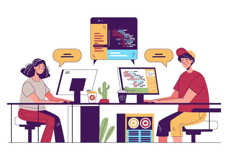Vector coders programmers developers characters collaborating and working at new code online by internet