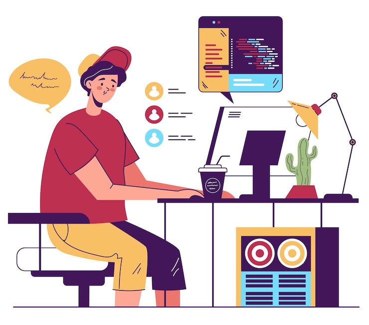 Vector coders programmers developers characters collaborating and working at new code online by internet
