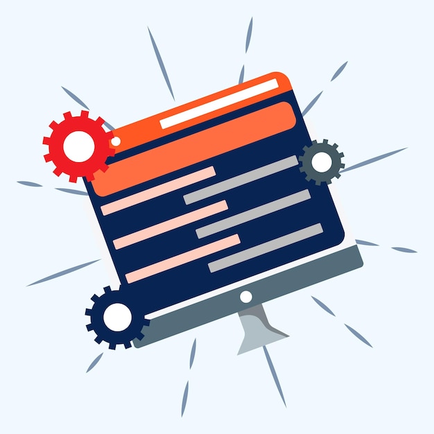 Coding and development process concept with gears and computer monitor