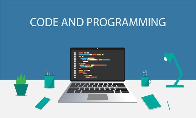 Coding and programming software on windows laptop computer screen concept vector flat design illustration with blue and white background