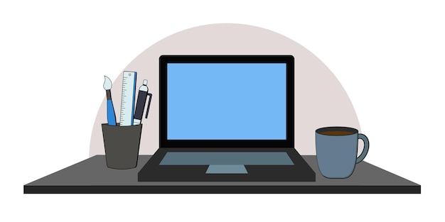 Coffee and Laptop with a blue screen workspace illustration