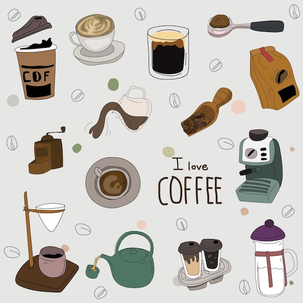Coffee shop hand drawn doodle set Vector illustration