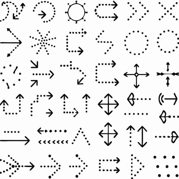 collection of 30 different black dotted arrows pointing in various directions isolated on white background
