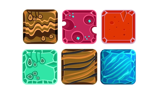 collection of 6 square tiles with different textures gaming assets glossy gemstones and ice water graphic elements for fantasy computer or mobile game vector icons isolated on white background