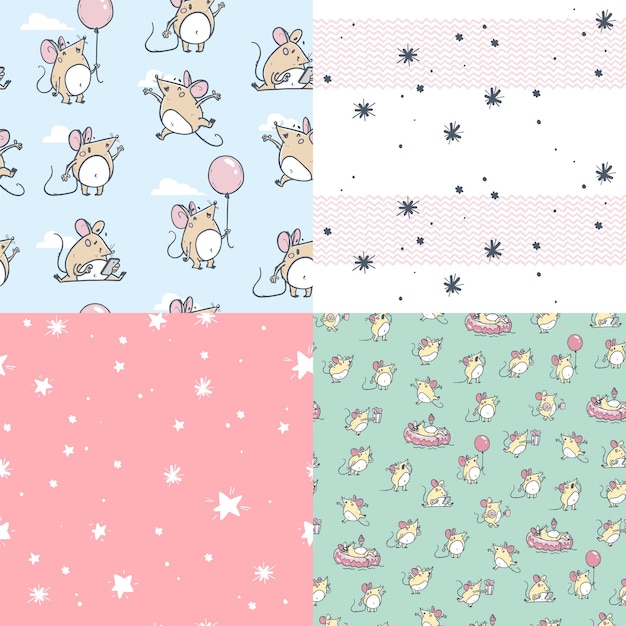collection of adorable seamless patterns with cute mice characters air balloons and stars vector illustration hand drawn style for nursery decor kid prints banners tags packaging paper etc