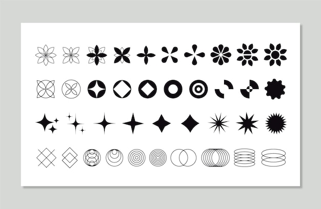 Collection of black and white flower star oval circle and other shapes vector graphic elements