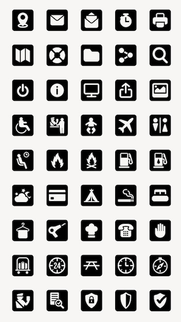 Collection of black and white icons featuring various symbols like mail map airplane and clock Icons include accessibility security and travel themes User interface icon vector set