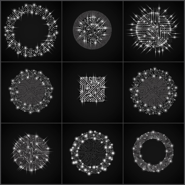 Collection of black vector microchip designs, cpu. Information communication technology elements with sparkles and arrows, luminescent circuit boards in the shape of square and circle.