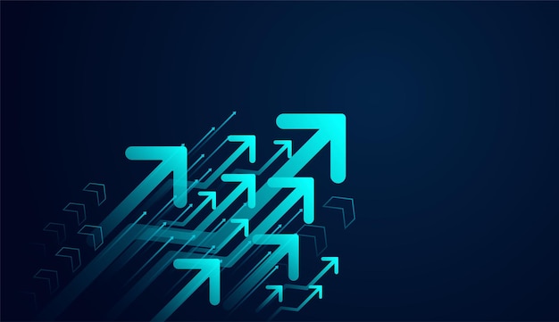 Collection of bright blue arrows upward on dark background the symbolizing acceleration