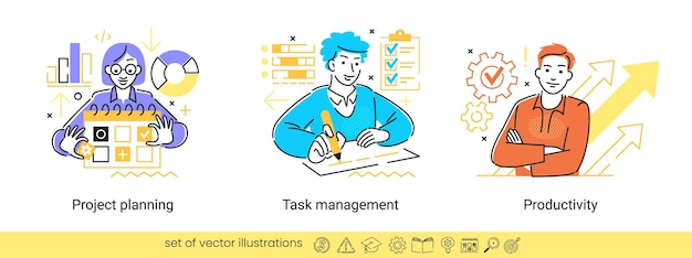 collection of different business concept scenes human with icons and images productivity task management project planning
