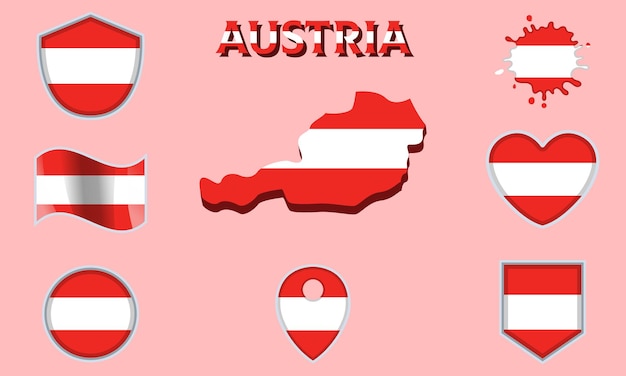 collection of flat national flags of austria with map
