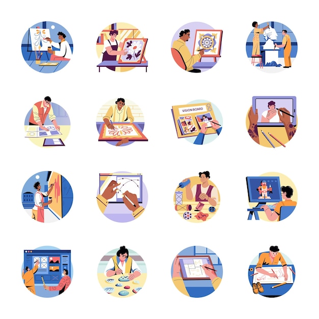 Collection of Flat Style Creative Hobbies Illustrations
