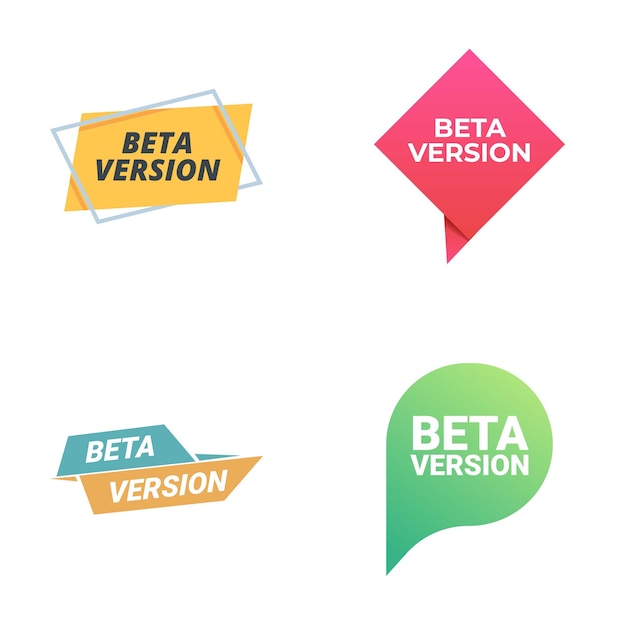 Collection of four modern beta version stickers in various shapes and colors