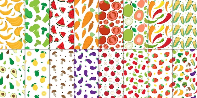 Collection of fresh fruit and vegetable seamless abstract pattern on white background vector design