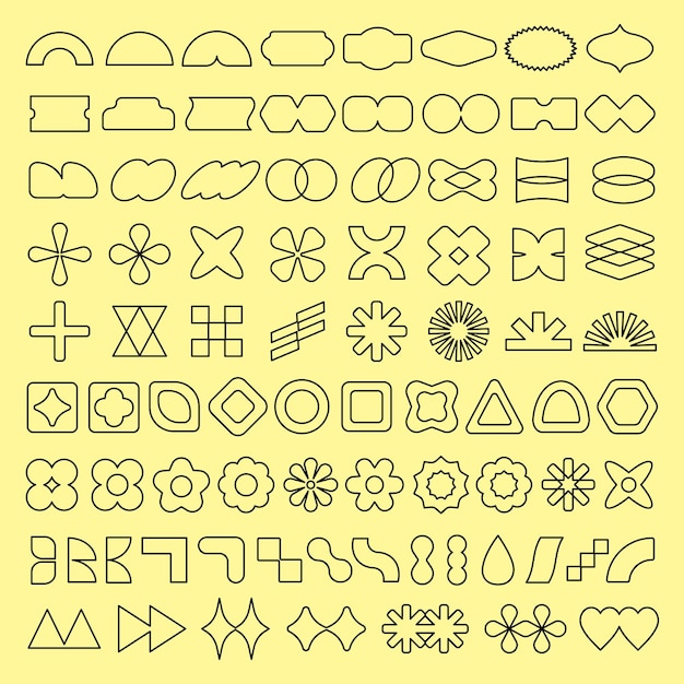 Collection of geometric shapes on a yellow background Shapes include circles triangles and stars Geometric shapes in various patterns and designs Black shapes vector element set