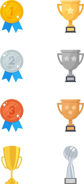 Collection of golden trophies and medals for winners isolated on white