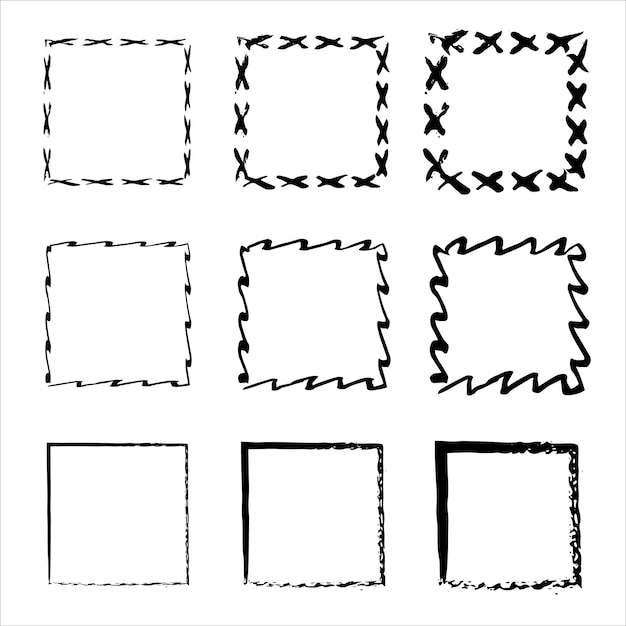 Collection of square black hand drawn grunge frames borders set rectangular shapes