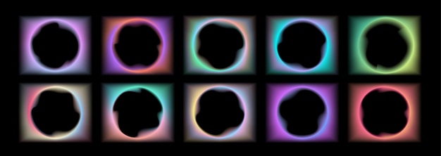Collection of transparent rectangular gradient frames with wavy oval inner borders Set of Retro frames with zigzag edges with blurring Vector illustration on black background