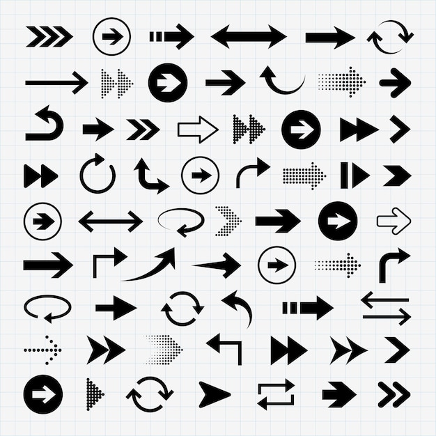Collection of various black arrows on a grid background Includes straight curved and circular arrows Arrows pointing in different directions Element vector set