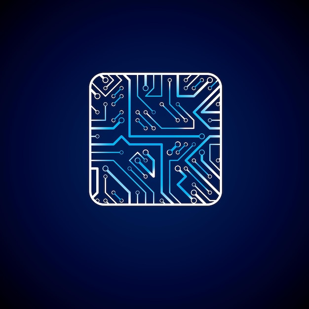 Collection of vector microchip design, cpu. Information communication technology element with sparkles, luminescent circuit board in the shape of square.