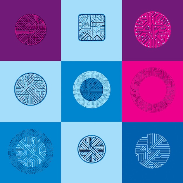 collection of vector microchip designs, cpu. information communication technology elements, circuit boards in the shape of square and circle.