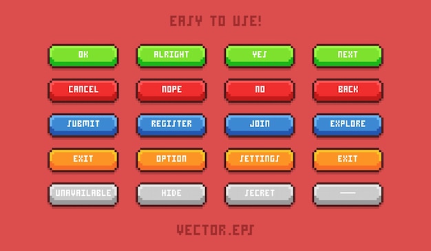 Collection set Button action game ui in pixel art cute soft style dark red background