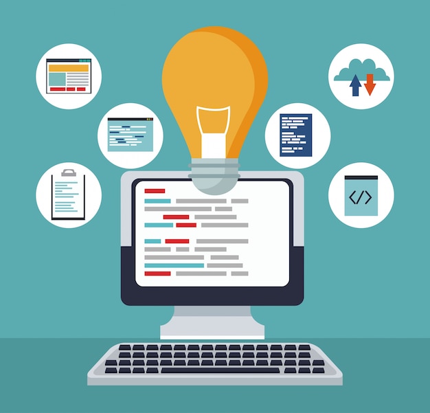 Color background tech computer with icons programming codes and light bulb solution 
