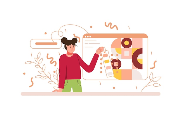 Color concept Design studio with people scene in the flat cartoon style