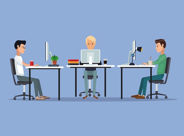 color scene background with web developer group men in desk programming language vector illustration