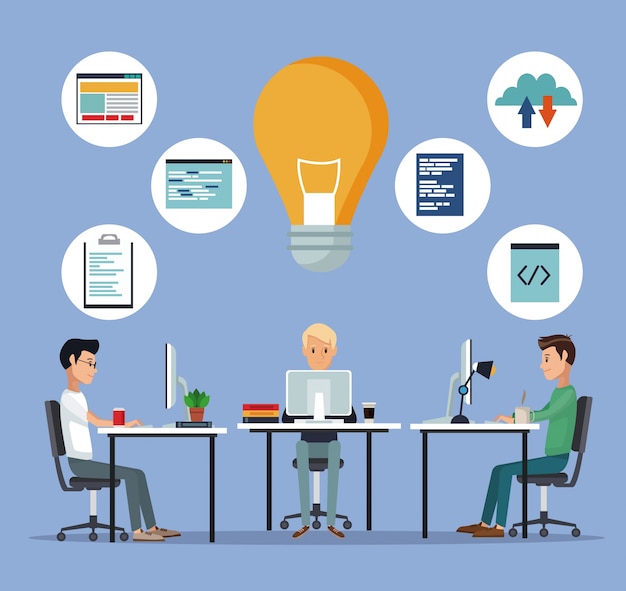 color scene background with web developer group men in desk programming language 
