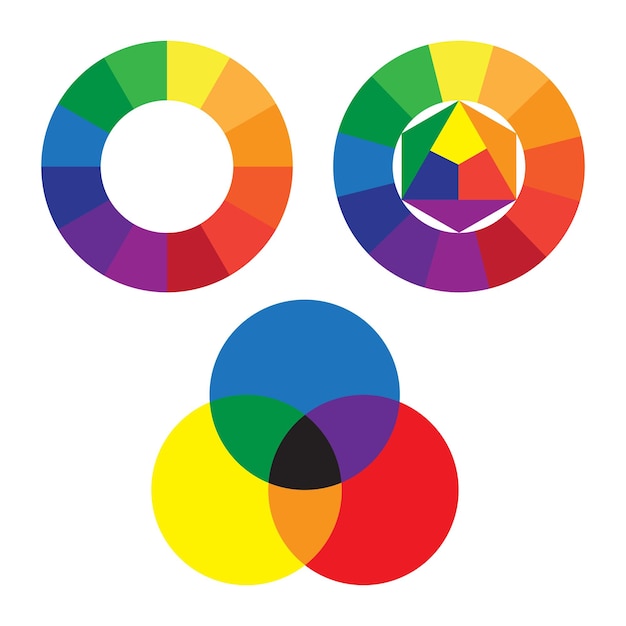 Color wheel set Bright color spectrum RGB and CMYK wheels Overlapping shapes illustration