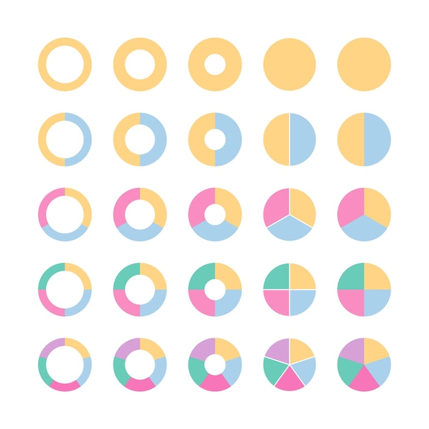 Colored segments pie diagram template Circle graph collection Circular structure chart into multicolor segments
