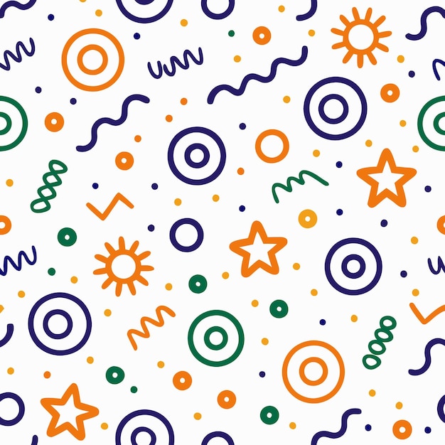 colorful abstract pattern with dots stars circles and wavy lines on a white background