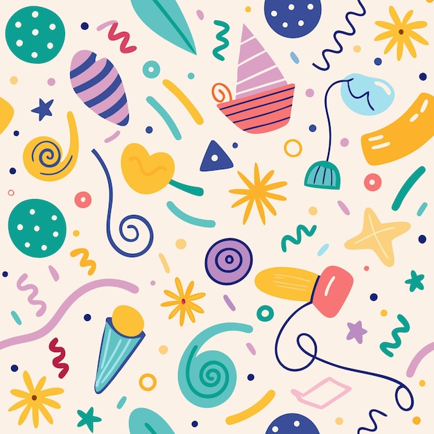 Colorful abstract seamless pattern with geometric shapes swirls stars flowers leaves dots and lines