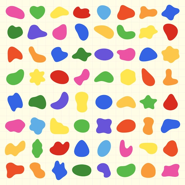 Colorful abstract shapes in various colors like red blue green and yellow These shapes are randomly arranged creating a vibrant and playful pattern Colorful shapes vector element set