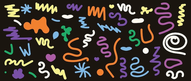 Colorful abstract swirls and shapes in a playful pattern on a black background Cute cartoon doodles