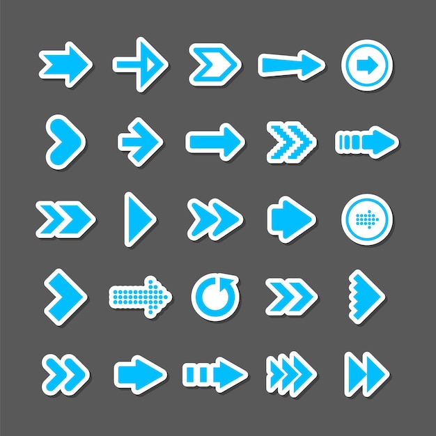Colorful arrow stickers set Blue cursor icons pointers collection Simple arrows in different shapes Next back web signs Vector illustration
