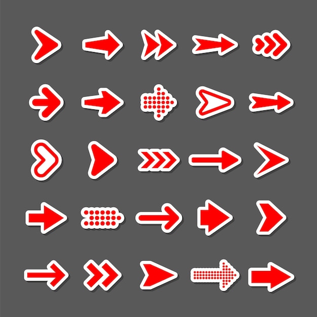 Colorful arrow stickers set Red cursor icons pointers collection Simple arrows in different shapes Next back web signs Vector illustration