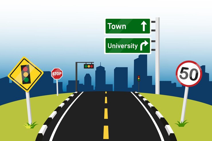 Vector colorful background of highway with traffic sign simple flat design vector illustration