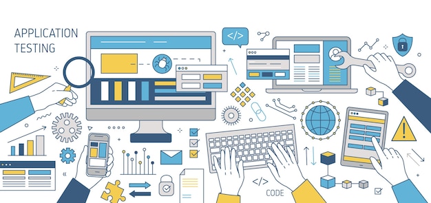 colorful banner with hands working on various electronic devices - computer, smartphone, tablet pc. cross-platform software, program or application testing. illustration in line art style.